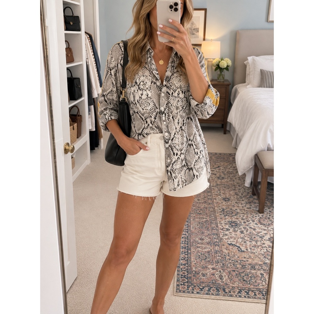 Apt. 9 Snakeskin Print Button Down Blouse Yellow Side Stripe Gray Large